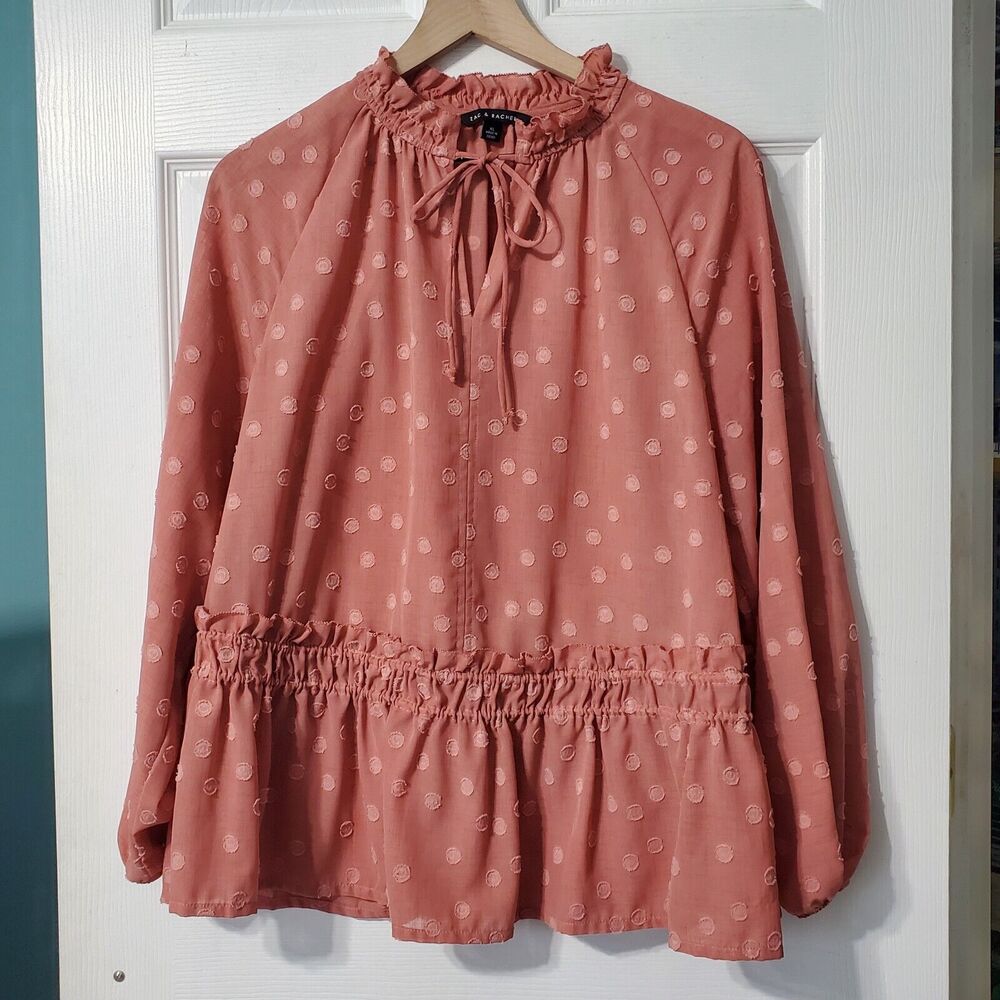 Zac & Rachel Dusty Rose Monochromatic Dotted Print Peplum Long Sleeve Blouse XL